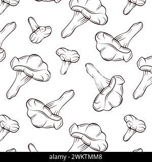 Funghi canterelle motivo senza cuciture in stile art di linea. Consistenza ripetibile senza fine con cibo vegetariano biologico. Illustrazione vettoriale su un bianco Illustrazione Vettoriale
