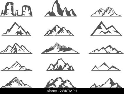 Set di vettore di nero e di bianco silhouette di montagna icone. logo collection di rocky neve montagne Illustrazione Vettoriale