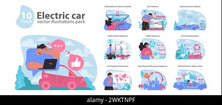 Set per auto elettriche. Soluzioni di trasporto ecocompatibili avanzate. Presentazione dei vantaggi per le energie rinnovabili e innovazione sostenibile. Illustrazione vettoriale piatta. Illustrazione Vettoriale