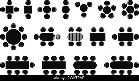 tabelle vettoriali per riunioni di discussione isolate su sfondo bianco. icone della vista dall'alto di tavoli rotondi e quadrati con sedie per gli sfondi aziendali Illustrazione Vettoriale