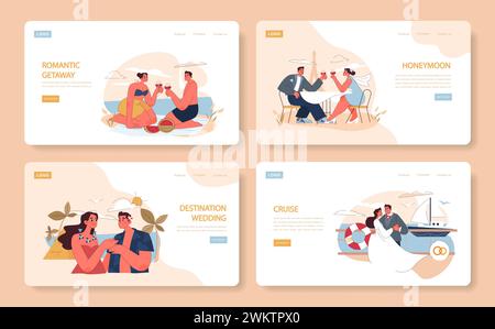 Set luna di miele. Dal romanticismo sulla spiaggia allo scambio di voti all'estero e alle crociere di lusso, inizia un viaggio d'amore. Illustrazione Vettoriale