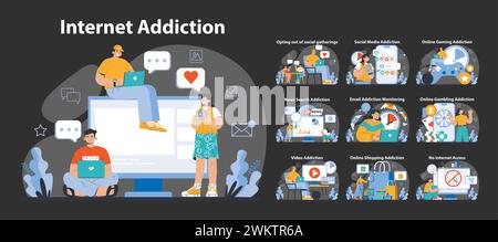 Modalità notte o buio per dipendenza da Internet impostata. Scenari diversi che mostrano un uso eccessivo delle piattaforme digitali. Dai social media ai giochi online, un'interpretazione fondamentale dell'era digitale. Illustrazione Vettoriale