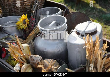 Diversi vecchi latte in alluminio si riversano con prodotti agricoli in un antico carrello di campagna Foto Stock