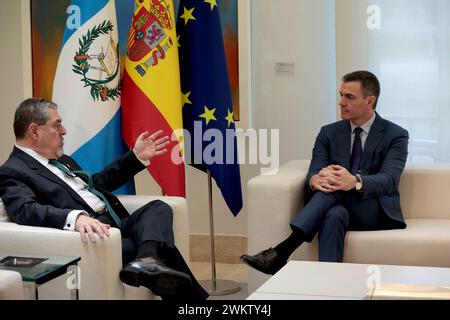 Madrid, spagnolo. 22 febbraio 2024. Madrid Spagna; 02.22.2024.- il Presidente del governo spagnolo, Pedro Sánchez, riceve il presidente del Guatemala, Bernardo Arévalo presso il complesso la Moncloa, nell'ambito del suo primo viaggio ufficiale, in coincidenza con il 160° anniversario dell'instaurazione di relazioni diplomatiche tra i due paesi. Crediti: Juan Carlos Rojas/dpa/Alamy Live News Foto Stock