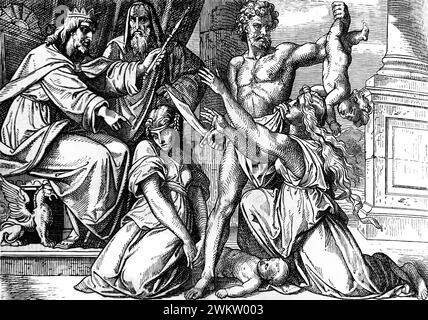 Illustrazione del giudizio di Salomone - due madri che vivevano nella stessa casa avevano ciascuno un figlio neonato uno era morto e ogni madre sosteneva la vita Foto Stock