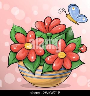 Grazioso bouquet di cartoni animati di fiori rossi e farfalla blu. Illustrazione vettoriale delle piante nel vaso di fiori. Illustrazione Vettoriale