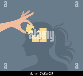 Una mano che mette l'ultimo pezzo di un puzzle nella testa di una donna. Il concetto di aiuto e supporto psicologico. Illustrazione vettoriale piatta Illustrazione Vettoriale