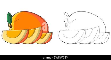 Cute Mango Colouring Page for Kids, versione delineata e Clip Art che mostrano colori nell'esempio Illustrazione Vettoriale