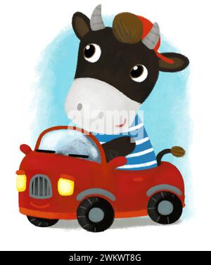 scena di cartoni animati con toro della fattoria bambino che guida auto trasporto illustrazioni per bambini Foto Stock