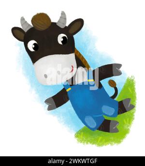 scena di cartoni animati con il toro della mucca del ranch contadino felice che corre in salopette sul prato illustrazione per i bambini Foto Stock