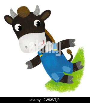 scena di cartoni animati con il toro della mucca del ranch contadino felice che corre in salopette sul prato illustrazione per i bambini Foto Stock