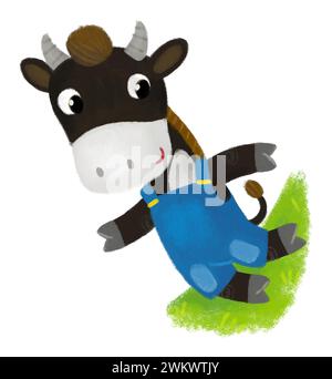 scena di cartoni animati con il toro della mucca del ranch contadino felice che corre in salopette sul prato illustrazione per i bambini Foto Stock