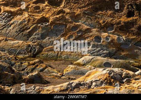 L'erosione dell'arenaria crea splendide sculture lungo Weston Beach, la riserva naturale statale di Point Lobos. Foto Stock