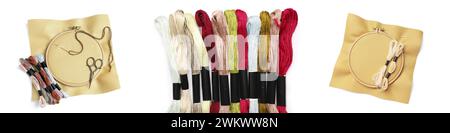 Set di cerchi da ricamo con fili a bocce, tela e forbici isolati su bianco Foto Stock