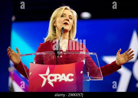 22 febbraio 2024, Washington DC, District of Columbia, USA: L'ex primo ministro britannico LIZ TRUSS parla nella sala da ballo principale del CPAC 2024 a Washington DC. (Immagine di credito: © Laura Brett/ZUMA Press Wire) SOLO PER USO EDITORIALE! Non per USO commerciale! Foto Stock