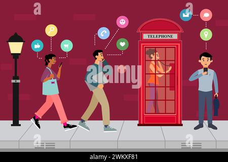 Persone impegnate che camminano e utilizzano uno smartphone con l'icona dei social media. Una donna che usa un telefono pubblico alla cabina telefonica rossa. Illustrazione vettoriale cartoni animati Illustrazione Vettoriale