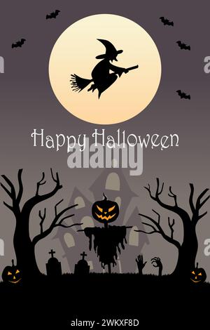 Sfondo verticale di Halloween con zucca, casa infestata, spaventapasseri, strega e luna piena. Volantino o modello di invito per la festa di Halloween. Vettore i Illustrazione Vettoriale