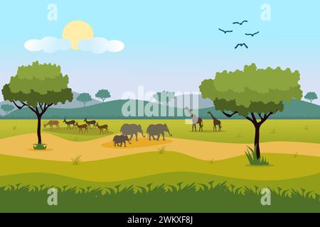 Illustrazione di paesaggi della foresta di savana africana con giraffe, cervi, elefanti e uccelli. Illustrazione Vettoriale