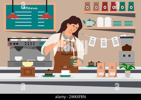 Barista che prepara il caffè sul bancone. Barista donna, caffè all'americana e accessori, indossare grembiule, decorazione degli interni, Mo Illustrazione Vettoriale