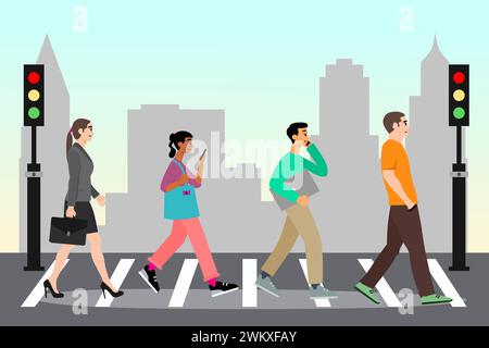 Persone che attraversano l'area pedonale nell'illustrazione City Flat Cartoon Vector. Persone che camminano attraverso l'incrocio. Illustrazione Vettoriale