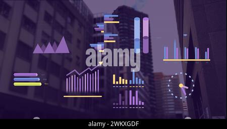 Immagine dell'elaborazione dei dati finanziari su un paesaggio urbano Foto Stock