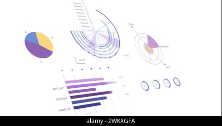 Immagine di statistiche, grafici ed elaborazione di dati finanziari su sfondo bianco Foto Stock