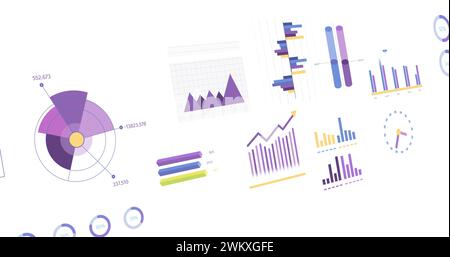 Immagine di statistiche, grafici ed elaborazione di dati finanziari su sfondo bianco Foto Stock