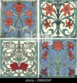 Illustrazione a penna disegnata a mano di quattro piastrelle floreali con motivo a ripetizione di fiori incrociati su sfondi gialli e blu Illustrazione Vettoriale