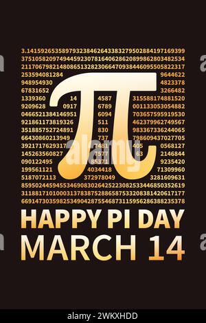 Buon PI Day 3,14 marzo 14 Holiday Vector verticale Golden banner. Illustrazione concettuale Pi Numbers Mathematics - poster creativo matematico Illustrazione Vettoriale