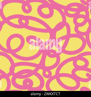 Linee ricurve in grassetto nei colori APink e giallo. Stampa ondulata astratta Squiggle. Sfondo ingenuo e giocoso. Bambino, Doodle disegna. Illustrazione vettoriale. Illustrazione Vettoriale