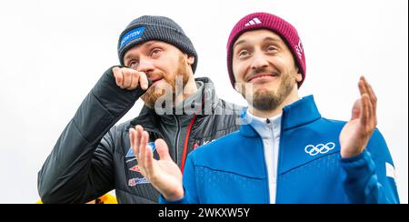 10.02.2024 Oberhof -WC Rennschlitten Männer und Mannschaft - Verabschiedung vom Doppel- Toni Eggert und Sascha Benecken - AKTION Pressefoto : Gerhard König WC-Rennschlitten *** 10 02 2024 Oberhof WC Luge uomini e team addio ai doppi Toni Eggert e Sascha Benecken AZIONE Stampa foto Gerhard König WC Luge Foto Stock