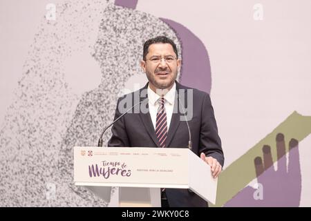 Tiempo de Mujeres, Festival for Equality Press Conference 22 febbraio 2024, città del Messico, Messico: Capo del governo, Marti Batres parla durante una conferenza stampa per annunciare il Concert Women's Time, Festival for Equality. Città del Messico CDMX Messico Copyright: XAlejandroxMedinaxGuzmanxxEyepixx Foto Stock