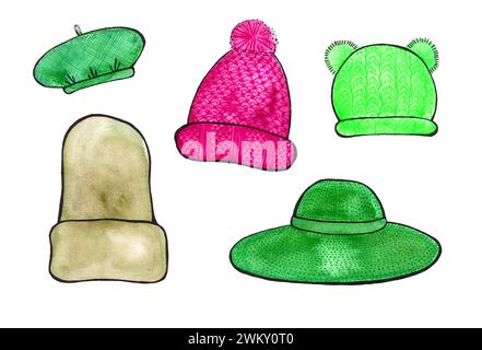 Set di cappelli isolati su sfondo bianco. Diverse sfumature di berretto verde, cappello. Cappello oblungo grigio, cappello rosa con baule e verde chiaro uno con due bau Foto Stock