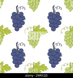 Stampa Berry con diverse varietà di uva. Motivo di uva senza cuciture. Grappoli di uva blu e verde disegnati a mano, fondo. Stampa per tessuti, Illustrazione Vettoriale