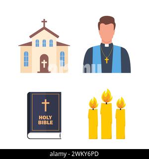 Religione cristiana attributi con candela, Chiesa, sacerdote, Bibbia. Gruppo vettoriale dell'illustrazione Illustrazione Vettoriale