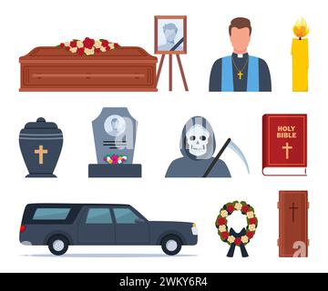 Icone funerarie. Accessori per funerali. Corona funebre, bara, lapide, urna con ceneri, morte, prete, cadavere, cuore, fiori, will. Servizi rituali, Illustrazione Vettoriale