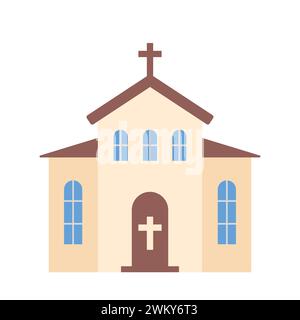 Chiesa cattolica che costruisce un'icona piatta. Facciata della chiesa con grandi finestre e una croce. Illustrazione vettoriale Illustrazione Vettoriale