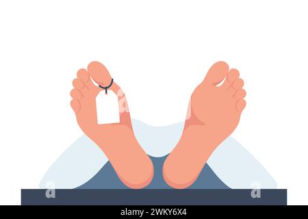 Cadavere nell'obitorio. Uomo morto nell'obitorio. Le gambe di un uomo morto con un'etichetta bianca. Il corpo umano è coperto da un foglio bianco. Illustrazione vettoriale Illustrazione Vettoriale