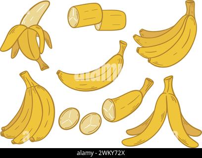 Set di banane mature disegnate a mano, grafica vettoriale. Un mucchio di banane, un solo frutto, una banana aperta, tagliata a pezzi. Semplice illustrazione di giallo tropicale Illustrazione Vettoriale