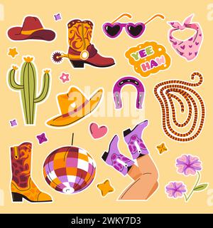 Set di adesivi a tema Wild West Illustrazione Vettoriale