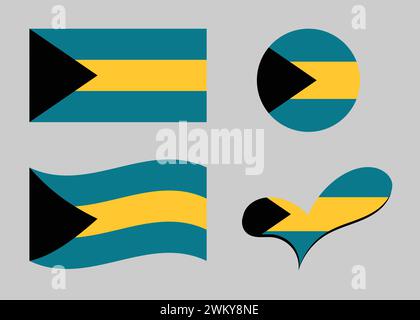 Bandiera delle Bahamas. Bandiera delle Bahamas a forma di cuore. Bandiera delle Bahamas a forma di cerchio. Variazioni della bandiera del paese. Illustrazione Vettoriale