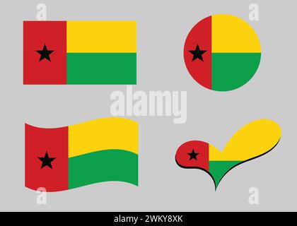 Guinea - bandiera di Bissau. Bandiera della Guinea - Bissau a forma di cuore. Guinea - bandiera Bissau a forma di cerchio. Variazioni della bandiera del paese. Illustrazione Vettoriale