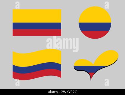 Bandiera colombiana. Bandiera della Colombia a forma di cuore. Bandiera colombiana a forma di cerchio. Variazioni della bandiera del paese. Illustrazione Vettoriale