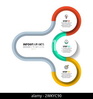 Modello infografico con icone e 3 opzioni o passaggi. Cerchi collegati. Può essere utilizzato per il layout del flusso di lavoro, il diagramma, il banner, il webdesign. Vettore illustrati Illustrazione Vettoriale