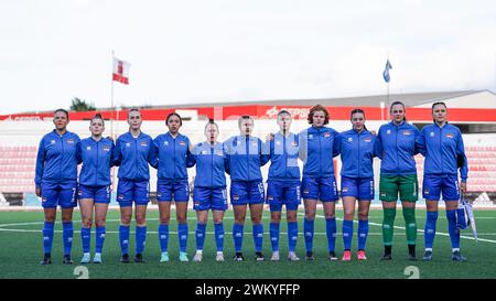 22.02.2024, Gibilterra, Victoria Stadium, amichevole: Gibilterra - Liechtenstein, giocatori del Liechtenstein durante l'inno nazionale (Daniela Porcelli / SPP-JP) Foto Stock