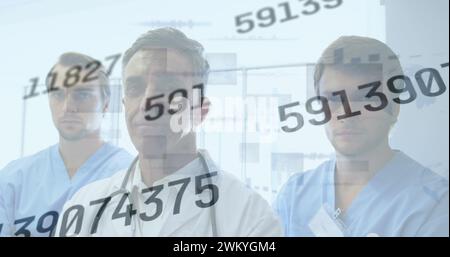 Immagine della variazione del numero e dell'elaborazione dei dati su medici maschi con stetoscopio Foto Stock