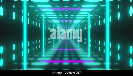 Immagine di quadrati e macchie al neon sul tunnel digitale Foto Stock