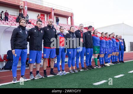 22.02.2024, Gibilterra, Victoria Stadium, amichevole: Gibilterra - Liechtenstein, staff e giocatori del Liechtenstein durante l'inno nazionale (Daniela Porcelli / SPP-JP) Foto Stock