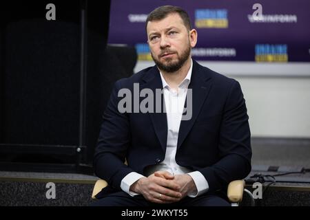 Kiev, Ucraina. 21 febbraio 2024. Il capo della Procura anticorruzione specializzata (SAPO) Oleksandr Klymenko partecipa a una conferenza stampa sui risultati delle attività SAPO nel 2023 a Kiev. (Foto di Oleksii Chumachenko/SOPA Images/Sipa USA) credito: SIPA USA/Alamy Live News Foto Stock