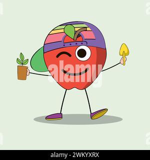 Illustrazione d'arte Doodle Kawaii Fruits Symbol Character Apple Mascot Activity of Farming Illustrazione Vettoriale